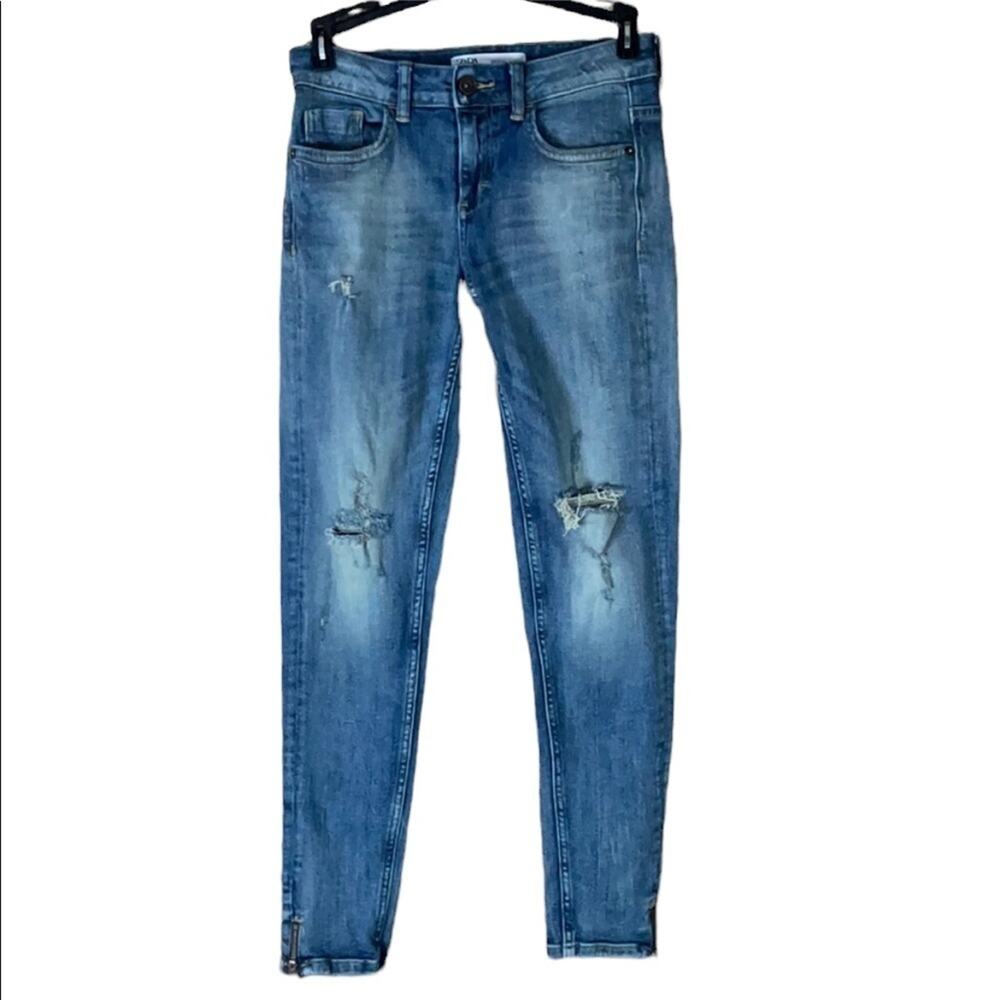 Zara Skinny Jeans Distressed Zippered Ankles Blue Denim Size 4